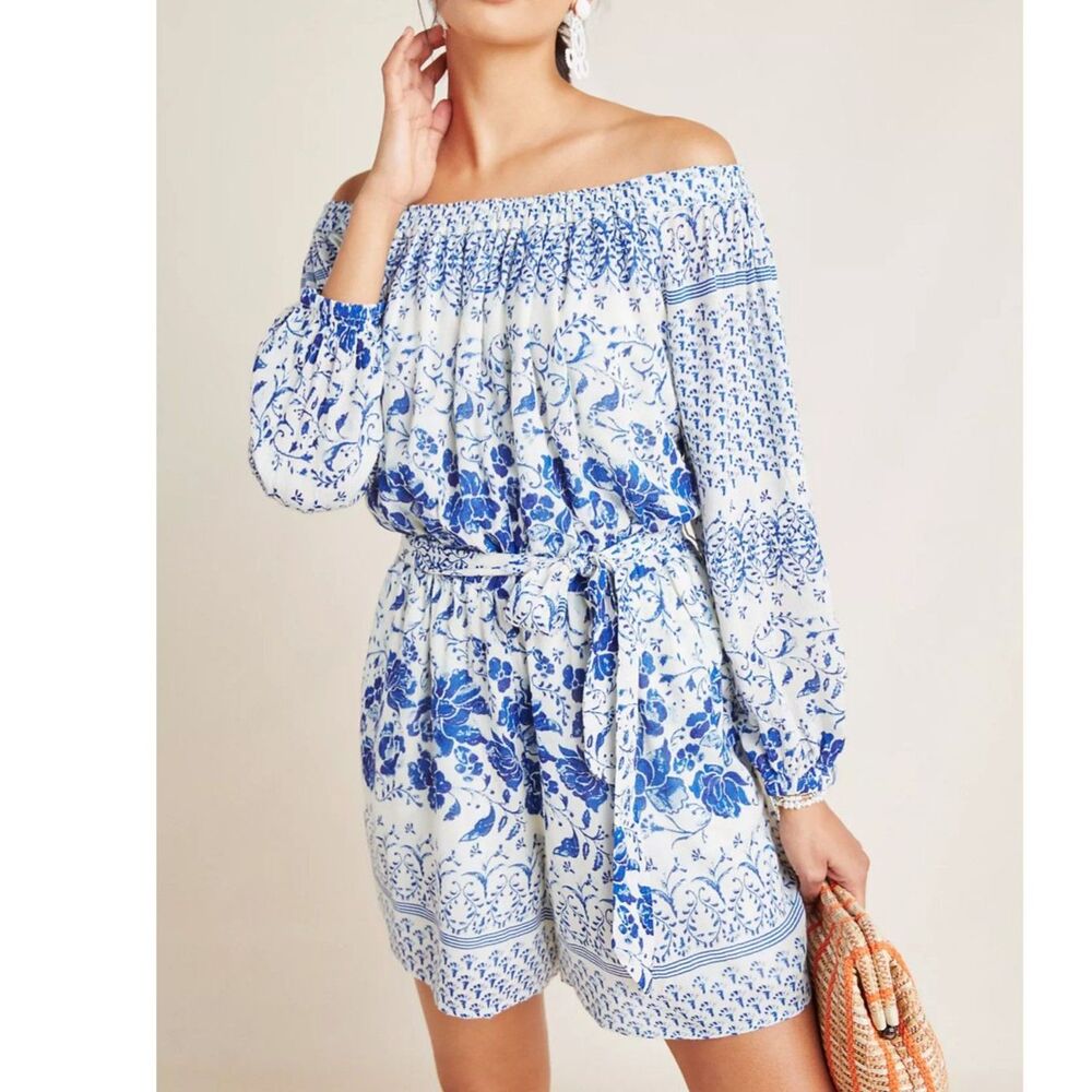 Anthropologie Clemente Off-the-Shoulder Romper Blue White Floral Boho Pockets S